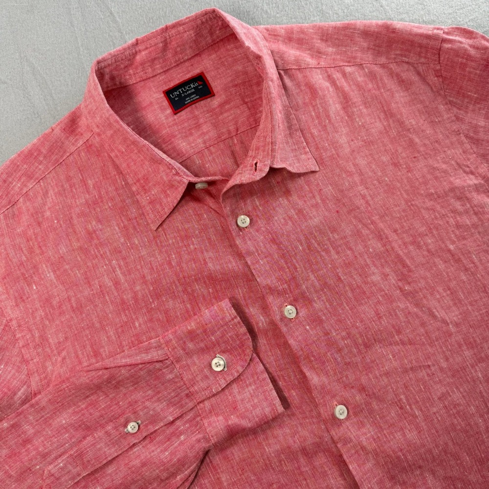 UNTUCKit Button Down Shirt Mens XL Red 100% Linen Long Sleeve Hem Logo